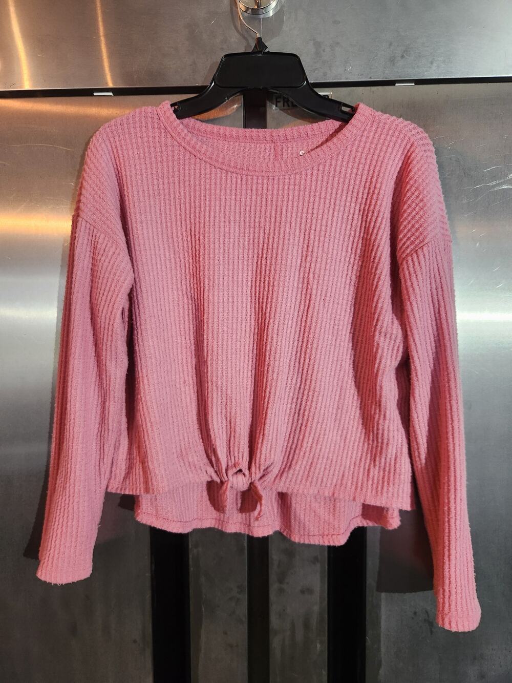 SO Girls Waffle Knit Top XL 14 16 Pink Tie Front Long Sleeve Thermal Crew Neck